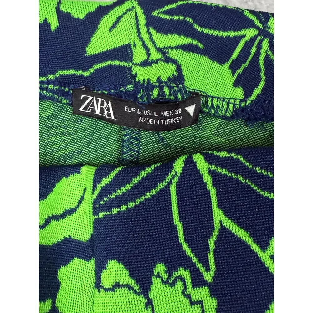 Zara Womens Size L Green Blue Jacquard Floral Print Flare Pull On Pants - Picture 3 of 9
